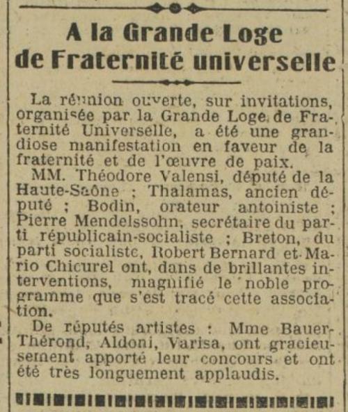 A la Grande Loge de Fraternité universelle (L'Œuvre, 21 mai 1933)