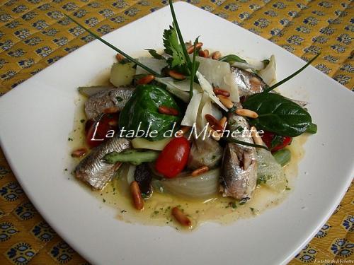 Salade tiède aux légumes de printemps, sardines, vinaigrette légère