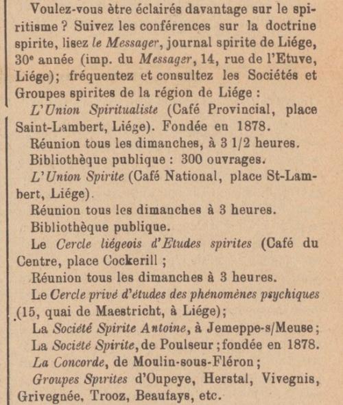 Groupes spirites de la région de Liége (Le Messager, 15 mars 1902)