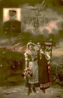 Carte postale J. Courcier, 1914, 1918, Joffre, l'Alsace Lorraine, l'Ange de la Victoire
