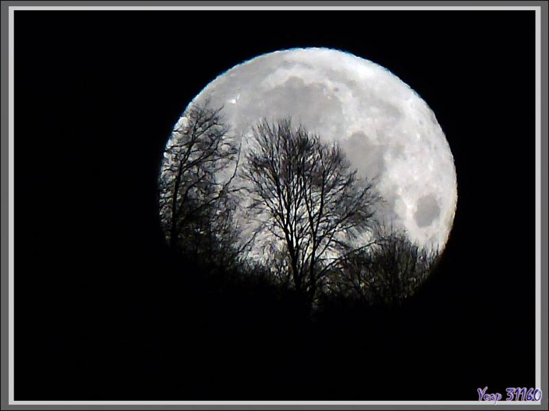 Coucher (24/01/2016, 7 h 45) de la presque pleine Lune du 24/01 à 1 h 45 vue au lever (7 h 33) du Soleil