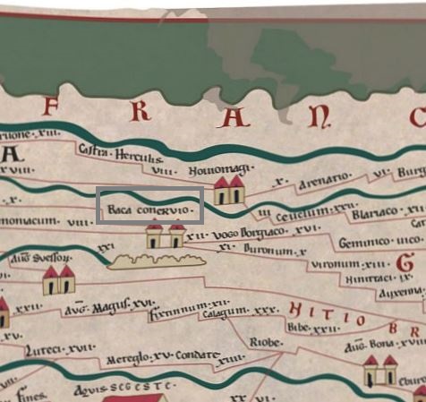 Baca Conervio (Bagacum Nerviorum, Bagacum, Bavay) sur la Tabula Peutingeriana