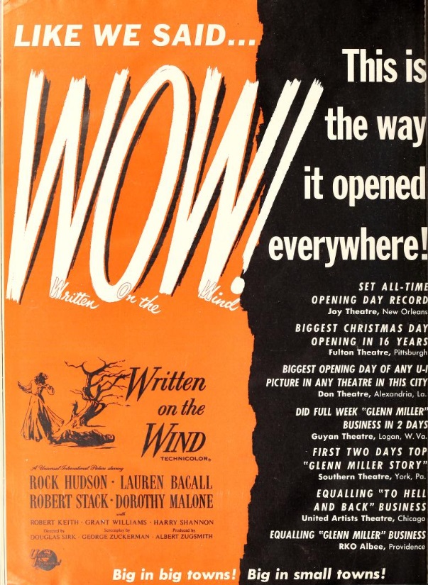 ECRIT SUR DU VENT BOX OFFICE USA 1957
