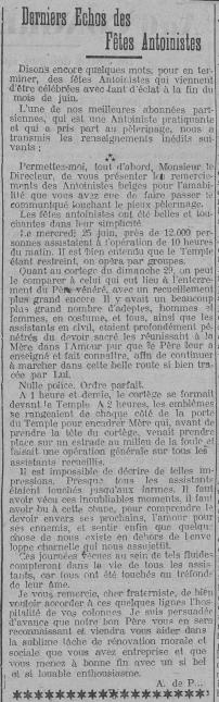 Derniers Echos des Fêtes Antoinistes (Le Fraterniste 15 août 1913)