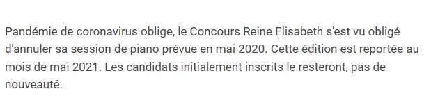 Belgique: concours Elizabeth prévu en mai 2020 reporté en mai 2021