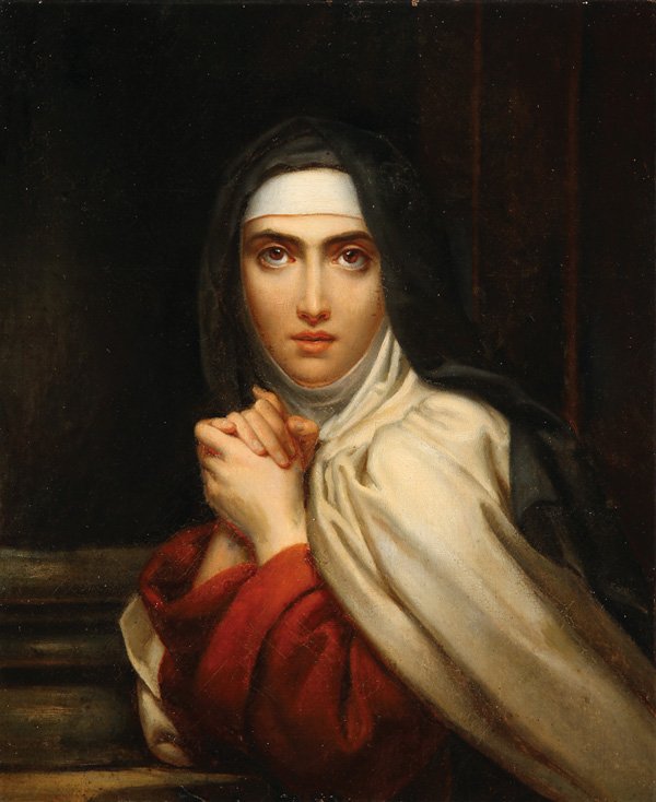 Tableau représentant Thérèse en clair-obscur, regardant le spectateur, les mains jointes.