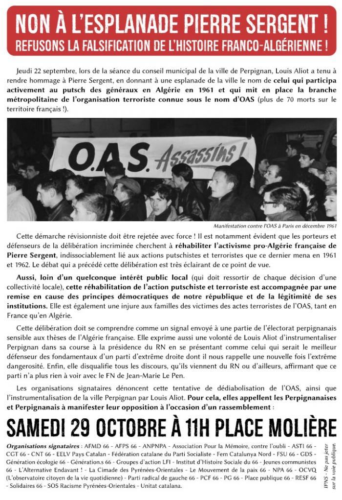 Perpignan : non à l’Esplanade  Pierre Sergent *** Refusons la falsification de l’histoire franco-algérienne !