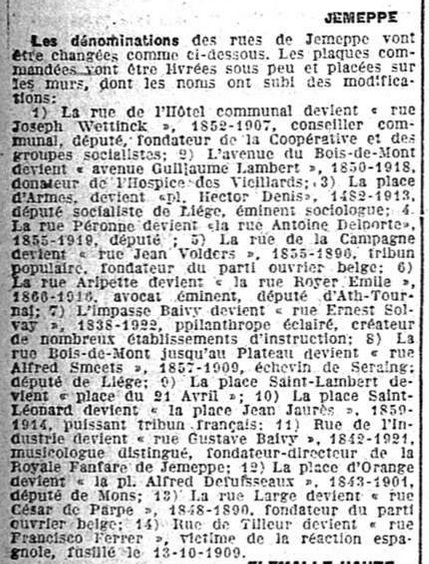 Dénominations des rues de Jemeppe (La Meuse, 13 février 1923)(Belgicapress)
