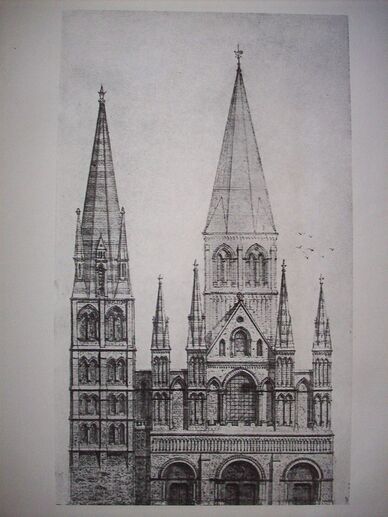 Dessin réalisé en 1906 par le sculpteur Jean-Baptiste Foucher restituant la façade occidentale de la cathédrale romane