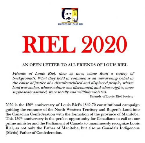 LOUIS RIEL 2020 - « LETTRE OUVERTE À TOUS LES AMIS DE LOUIS RIEL »