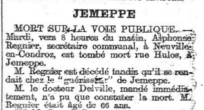 Mort d'Adolphe Regnier sur la voie publique (La Meuse, 4 février 1903)(Belgicapress)