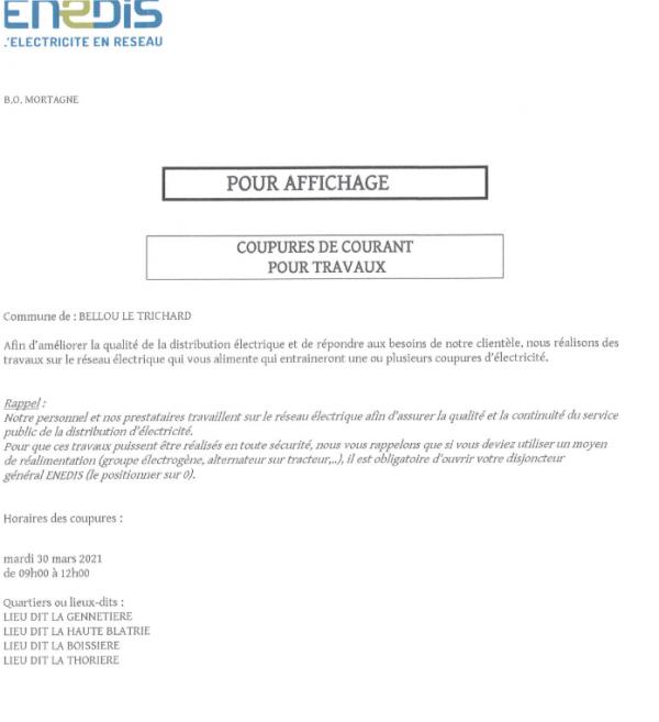 Le 30 mars coupures de courant pour travaux