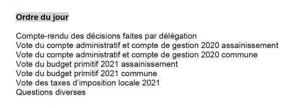 Ordre du jour du conseil municipal du 6 avril 2021