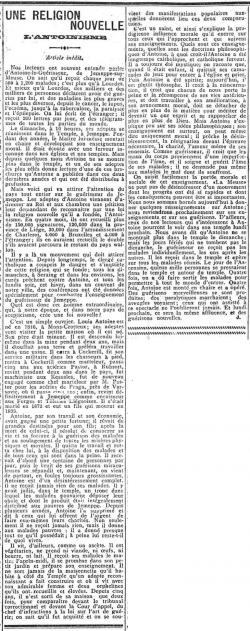 Une religion nouvelle, l'Antoinisme (La Meuse, 15 mai 1910)(Belgicapress)