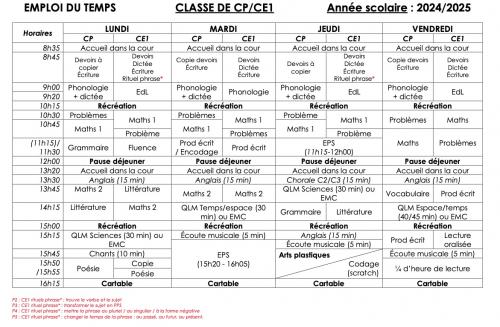 Emploi du temps revu CP/CE1 (sans piscine) (année scolaire : 2024/2025) (2e mouture)