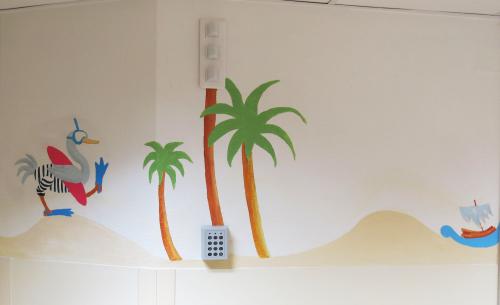 plage cygne surfer palmiers radeau