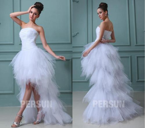 Robe de mariée plage bustier ruchée courte devant longue derrière