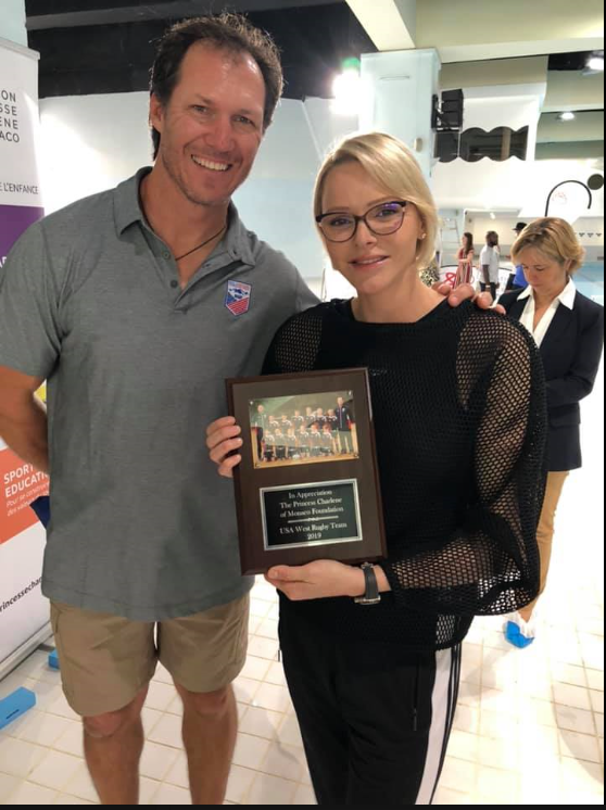 Princess Charlene meets the USA rugby team who will  take plart to the Sainte Dévote tournament