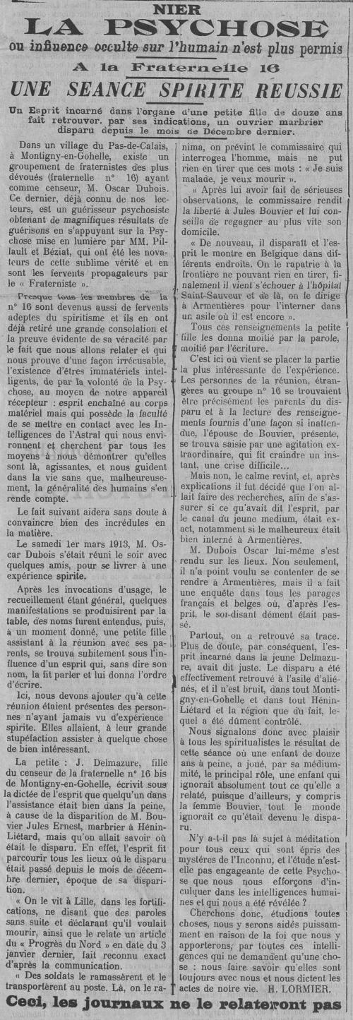 Une séance spirite réussie (Le Fraterniste, 14 mars 1913)