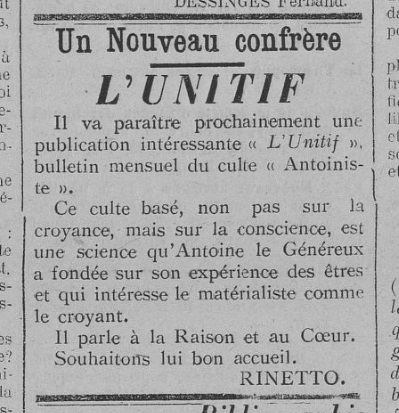 L'Unitif, encart de publication (Le Fraterniste, 20 juillet 1911)