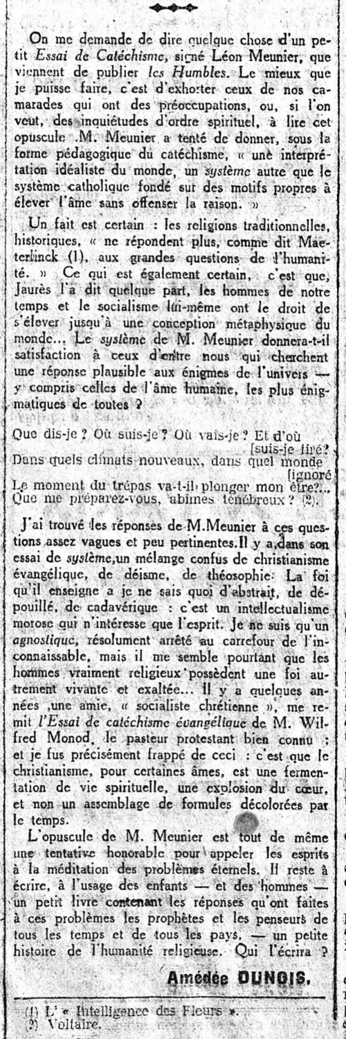 Léon Meunier - Essai de Catéchisme  (Le Populaire 15 sept 1918)