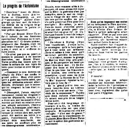 L'Abeille de la Nouvelle-Orléans - 17 septembre 1912 - Le Progrès de l'Antoinisme (Aix-les-Bains-Chambéry)