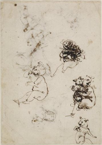 Un dessin de l’Enfant (seul), un de Vierge à l’Enfant avec un chat, et un de chat (seul).