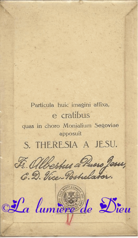 Carte avec relique de Sainte Thérèse d'Avila