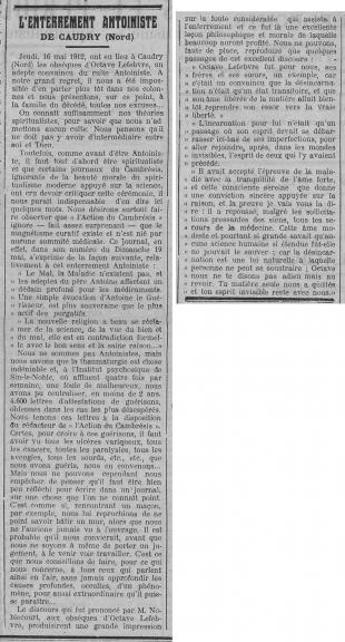 Enterrement antoiniste à Caudry (Le Fraterniste, 6 juin 1912)