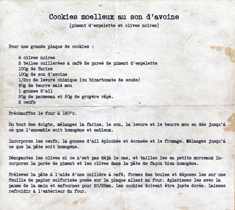 Cookies salés au son d'avoine {piment d'espelette et olives noires}