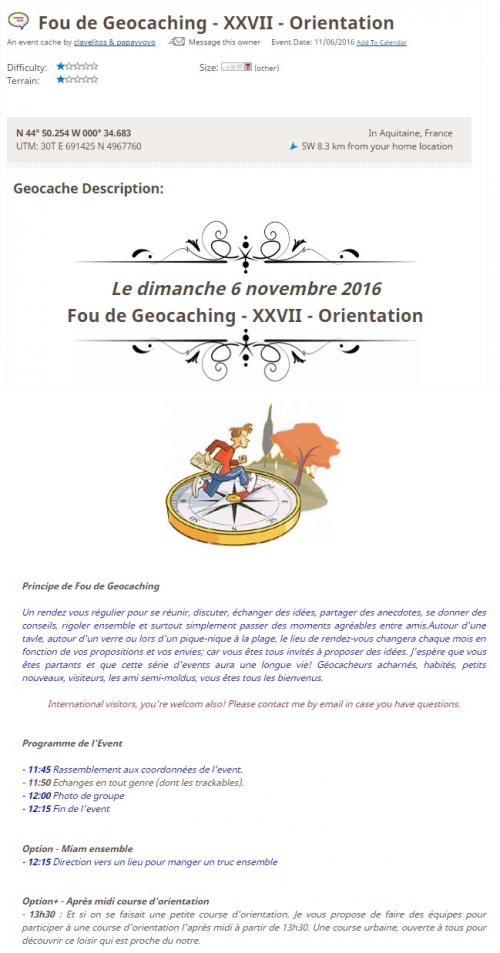 6 Novembre 2016 - Fou de Geocaching - XXVII - Orientation