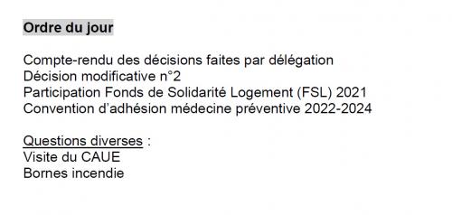 Ordre du jour du conseil municipal du 29 novembre 2021