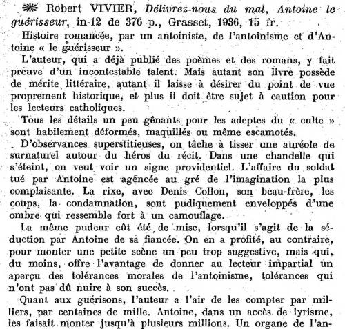Robert Vivier Délivrez-nous du mal - critique de la Revue des lectures 15 janvier 1936