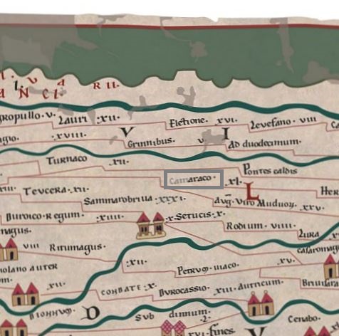 Camaraco (Camaracum, Cambrai, à côté de Pontes Caldis, Pons Scaldis, Escautpont) sur la Tabula Peutingeriana (tabula-peutingeriana.de)