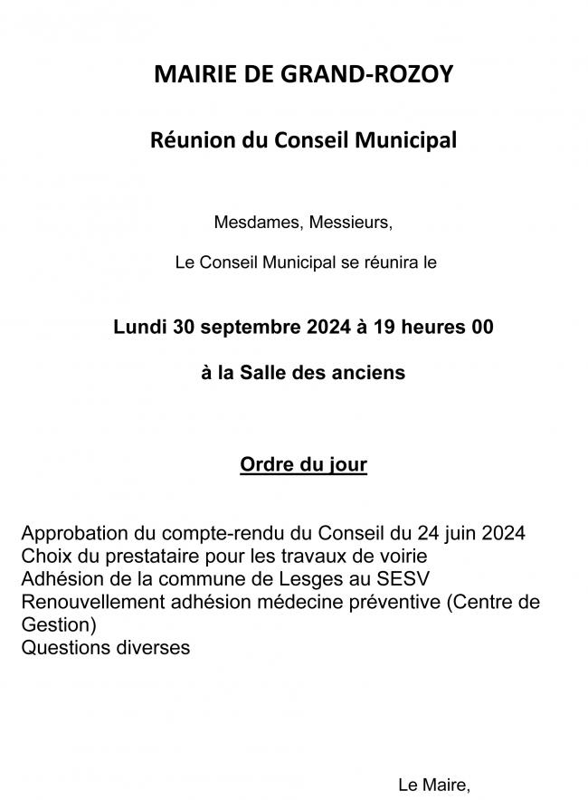 Ordre du jour du conseil municipal du 30 septembre 2024