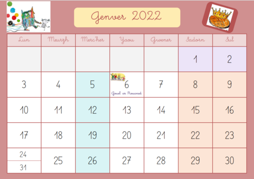 Deiziadur miz Genver 2022 / calendrier du mois de janvier 2022