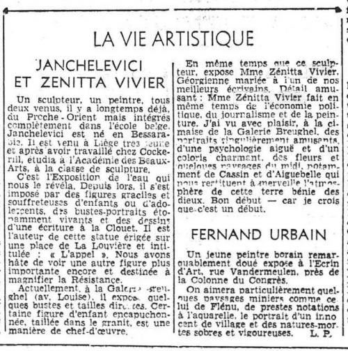 sur Zénitta Vivier (Le Peuple, 31 décembre 1946)(Belgicapress)