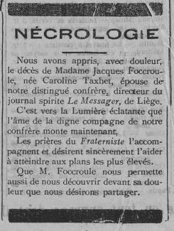 Nécrologie Madame Jacques Foccroule (Le Fraterniste 30 novembre 1911)