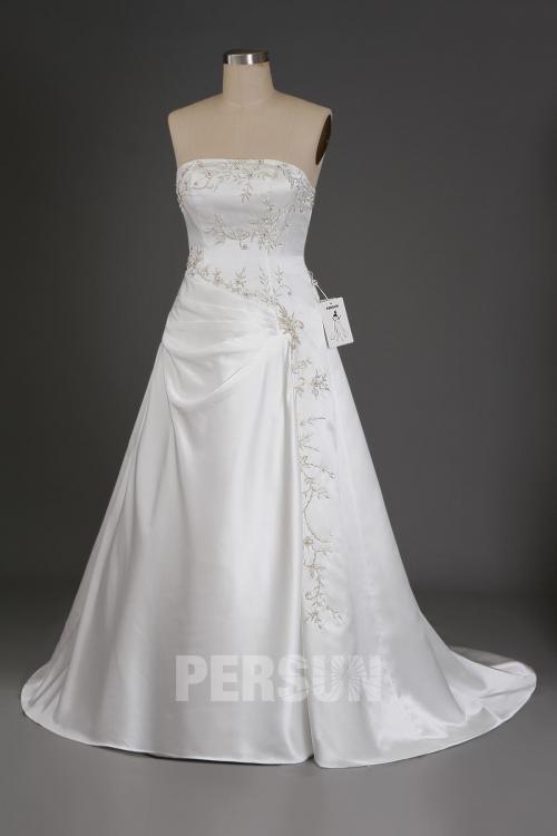 Robe de mariée à traîne Court Ligne A bustier droit en satin avec applique