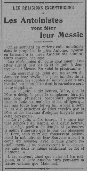 Les Antoinistes vont fêter leur Messie (Le Radical 21 juin 1913)