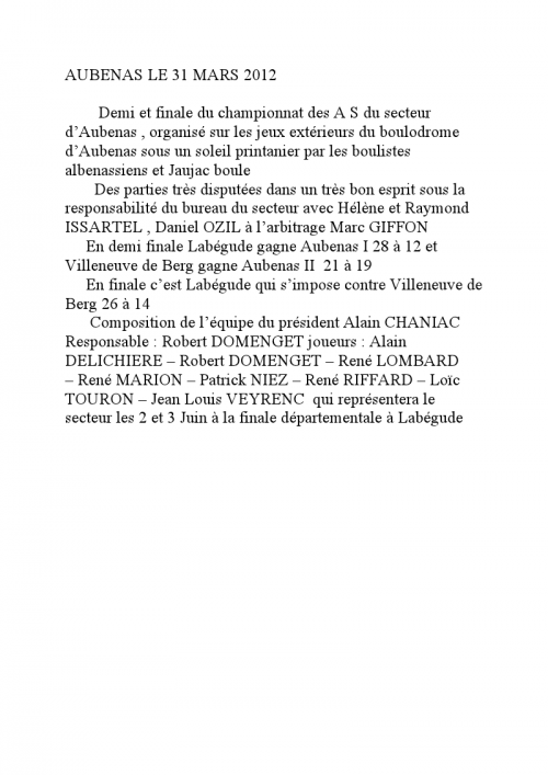 Résultat A.S.3 & 4 le 31 MARS 2012