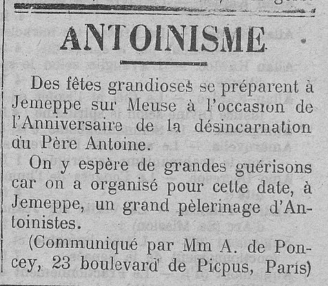 Anniversaire de la désincarnation du Père Antoine (Le Fraterniste, 13 juin 1913)