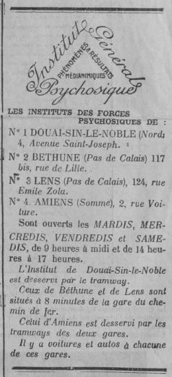 Les Instituts Généraux Psychosiques (Le Fraterniste, 3 octobre 1913)