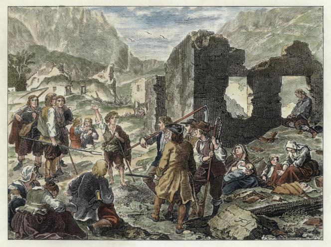 Gravure sur bois représentant le soulèvement des Camisards, huguenots des Cévennes et du Languedoc, après la révocation de l’Edit de Nantes, en 1685. Félix Philippoteaux, 1875. AKG-IMAGES