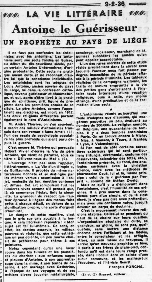Antoine le Guérisseur (Le Jour, 9 février 1936)