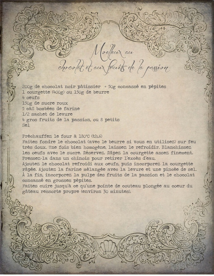 Moelleux chocolat & fruit de la passion {sans beurre ; avec de la courgette !}