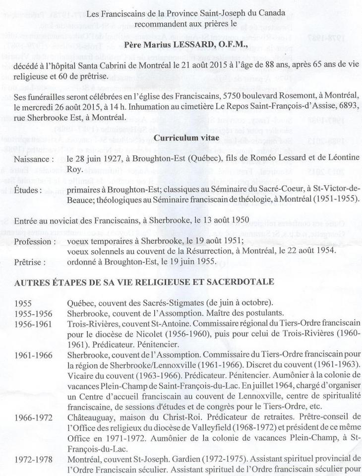 Qui était le frère Marius Lessard ofm