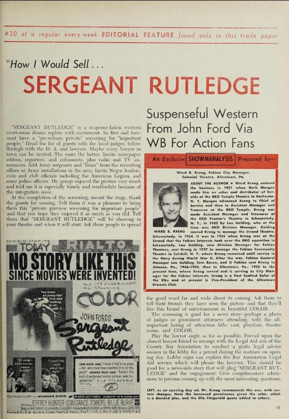 SERGEANT RUTLEDGE BOX OFFICE USA 1960