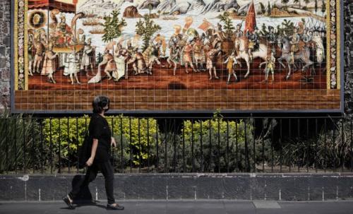 Rencontre Hernan Cortes et Moctezuma, fresque Mexico 2021
