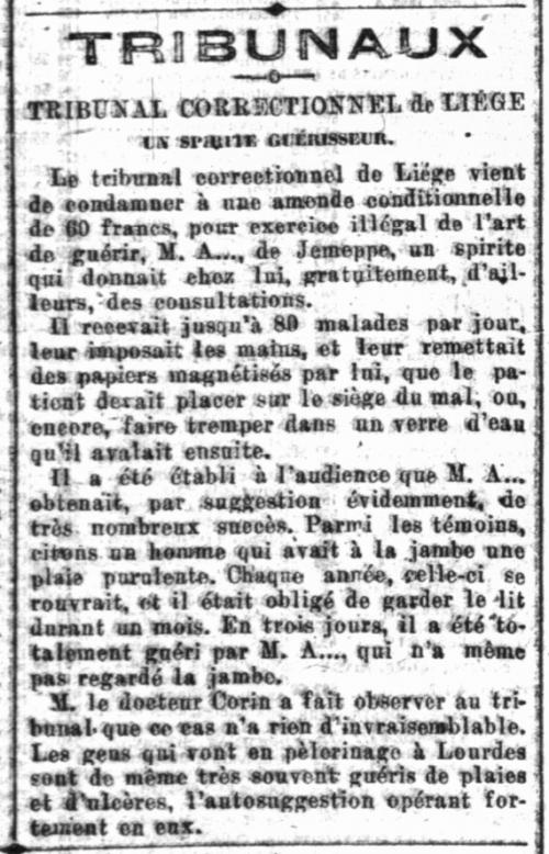 Tribunaux - Un spirite guérisseur (Le Petit bleu du matin, 21 février 1901)(Belgicapress)